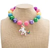 Kinderen sieraden set eenhoorn paard kleurrijke kralen bubblegum chunky kraal ketting armbanden voor kinderen met hangers kerstcadeau meisjes