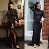 Sparky Black Mermaid Koronki Prom Dresses z długimi rękawami Wysokiej szyi Cekiną Cekiną Split Suknie Wieczorowe Vestidos de Fiesta Satin Formalna sukienka