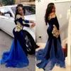 2018 Black Girls South African Prom Dresses Off The Shoulder Mermaid Long Sleeve Prom Dress Fashion Velvet Golden Lace Applique Party Dress