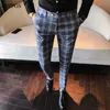 Zyfpgs klassisk vintage check kostym byxor bröllop byxor blå smal passform män kostym byxor mens casual byxor sexig nattklubb 109