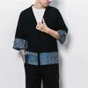 Kimono Kurtka Mężczyźni Retro Styl National Patchwork Linen Kartkowe Kurtki Casual Luźne Otwarte Stitch Męski Płaszcz Streetwear