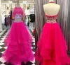 Impressionante Hot Pink 2 Peças Prom Evening Vestidos Formais Vestidos Keyhole Voltar Strass Halter Sheer Neck Tulle Ruffles Longo Barato 2019