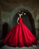 Amazing Ball Gown Red Prom Dresses Sheer Bateau Neck Evening Gowns Sweep Train Lace Appliqued vestidos de fiesta Satin Pleated Formal Dress