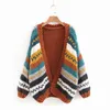 2018 nouveau cardigan femme automne et hiver tricoté à la main couleur couture contraste couleur torsion lâche pull manteau col en V cardigan