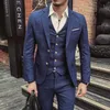 Wedding Formal Wear Suits & Blazer Men Good Quality Blue Plaid Suits Fashion Male Formal Dress Blazer Jackets+Pants+Vest