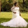 Plus Size Sereia Vestidos de Casamento Sheer Neck Manga Longa Lace Appliqued Vestidos de Noiva Charmoso Sul Africano Fofo Vestidos de Casamento Em Camadas