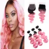 Cabello humano brasileño virgen rosa 3 paquetes con cierre de encaje Negro a rosa Ombre Body Wave Tejido de cabello humano con cierre de encaje 4 * 4