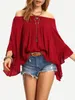 Fashion Women Off Shoulder loose RED lace T-Shirt female Casual Tops new spring summer lady slash neck lace ruffle blusas Shirt