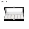 Outad 6 Grid Svart PU Läder Watch Box Refinement Slots Armbands Klockor Presentväska Smycken Display Boxar Förvaringshållare