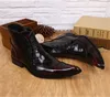 Zíper de vinho lateral masculino vermelho tornozelo genuíno de couro genuíno sapatos vestidos de vestido de vestido mensagens pontudas de cowboy botas