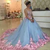Vestidos de casamento colorido da arábia saudita céu azul e rosa vestidos de noiva com flores 3d custom made varrer trem vestidos de casamento
