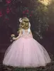 2019 Nuovo arrivo Tutu Ball Gown Flower Girl Abiti quadrati rosa Tulle Princess Fiori fatti a mano Lunghezza pavimento Abiti da festa di compleanno