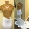 Luxury Golden Lace Applique Prom Dresses High Neck Cap Sleeves Bead Mermaid Sweep Train Party Gown 2018 New Evening Dresses Robe De Soiree