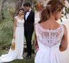 패션 Boho시 폰 저렴 한 웨딩 드레스 할로우 다시 Applique 레이스 크리스탈 Rhinestones 리본 국가 결혼식 신부 드레스 가운 플러스 크기