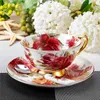 Juego de 3 tazas de té y café de porcelana china con cuchara, 200 ml/6,8 oz, rosa amarilla y roja