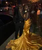 Chic Black Girl Mermaid Prom Dresses Yellow Deep V Neck Evening Gowns Sequined Vestidos De Fiesta Sweep Train Beaded Formal Dress