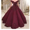 BurgundyLace Ball Gown Prom Dresses Sexy Off Shoulder Floral Appliques Party Dress Glamorous Dubai Celebrity Evening Gowns Formal Prom Dress