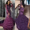 Mode Dark-Paars Prom Jurken Kralen Kant Applique Lange Mouwen Backless Mermaid Party Jurk Sexy Glamoureuze Zuid-Afrika 2K18 Prom Dress