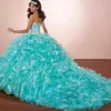 Vestidos de baile de máscaras de luxo cristais princesa inchado quinceanera vestidos turquesa babados vestidos de 16 vestidos com jaqueta bolero