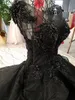 Vintage Black Ball Gown Wedding Dresses Cap Sleeve V Neck Beaded Lace Open Back Ruffle Court Train Bridal Wedding Gowns Real Pictures