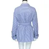 Stil Bayanlar Çizgili Bluz kadın Yaka Yaka Rahat Uzun Gömlek Kadın Moda Baskı Mavi Bluzlar Tops Bahar Kırpılmış #ju