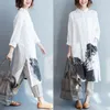 Sonbahar Şişman Kız Gömlek Gevşek Artı Boyutu Ince Çin Tarzı Mürekkep Boyama Baskı Rahat Yaka Uzun Pamuk Ve Keten Gömlek Kadınlar