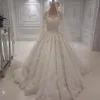 Lange mouwen kant trouwjurken sexy juweel hals kralen applicaties baljurk bruidsjurk glamoureuze Saoedi-Arabië tule lange bruidsjurken