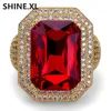 Hip Hop New Design Square Cut Ruby Ring Real Gold Plated Jewelry for Women Fashion Engagement Wedding Ring253Q