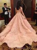 2018 블러쉬 럭셔리 댄스 파티 드레스 Vestidos De Fiesta 얇은 넥 라인 짧은 소매 레이스 아플리케 이브닝 드레스 A 라인 Quinceanera Dress
