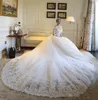 Luxury Lace Cathedral Train Ball Gown Wedding Dresses with Sleeves 2018 Modest Kaftan Dubai Arabic Off Shoulder Princess Wedding G5592660