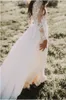 보헤미안 컨트리 쉬폰 쥬얼리 A 라인 웨딩 드레스 쉬어 롱 슬리브 레이스 아플리케 Boho Bridal Gowns 저렴한 플러스 사이즈 맞춤 제작