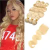 Indian Virgin Hair Extensions Body Wave Bundels met 4x4 Kantsluiting Middle Drie Vrije Deel 613 # Kleur Blond Haar Weefs met 4x4 Sluiting