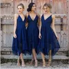 Lace V Neck Short Navy Blue Bridesmaid Dresses Sexy Straps African Nigerian Lace Dress