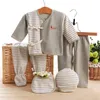 5PCS Set Newborn Layette Colorful Organic Cotton Baby Boys Clothing Solidstriped baby clothes Inc 1 Top 2 Pants 1 Bib And 1 Hat1209098
