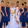 Stijlvolle Afrikaanse zeemeermin bruidsmeisje jurken sexy spaghti riemen mouwloze rits rug bruiloft gastjurken hi-lo royal blue prom jurken