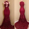 Burgundia wysoka szyja Prom Dresses Zobacz przez koronkowe aplikacje cekiny zamek błyskawiczny z powrotem 2K18 Prom Dress Gloamorours 3D Rose Train Celebrity Party Dress