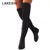 Sexy Lace Up Overknee Stiefel Damen Rom Stil Stiefel Damen Flache Schuhe Damen Wildleder lange Stiefel Botas Winter Oberschenkelhoch 35-43