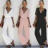 Summer Women V Neck Loose Playsuit Party Ladies Romper Short Sleeve Chiffon Solid Long Jumpsuit