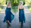 Landbruidsmeisjesjurken kort heet goedkoop voor bruiloft groenblauw chiffon strand kant hoge lage ruches feestmeisje eer jurken onder prom jurken