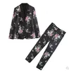 European fashion new design vacation style women's long sleeve flower print satin fabric blazer suit and long pants twinset casual suit