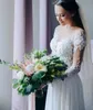 Sommar Chiffon En Linje Bröllopsklänning Landstil Sheer Neck Långärmad Lace Appliqued Sequins Illusion Bridal Gowns