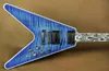 Super Rare Flamethrower Flying v Ultima Indigo Blue Flame Maple Top Электро -гитарный белый жемчуидный флаж