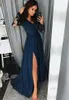 Glamorous Long Sleeves Prom Dress Dark Blue Long Evening Prom Dresses Sexy V-neckline Lace Appliques Party Dress Special Occasion Gowns Side Split