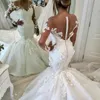 3d-kronblad sjöjungfru bröllopsklänningar sexig ren juvel nacke lace applique långärmad brudklänning mode täckt knapp tulle bröllopsklänning