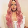 Perruque de cheveux humains de simulation longue ondulée 180% de densité sans colle perruque synthétique avant de lacet avec des cheveux de bébé Ombre rose perruques pour les femmes