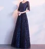 Stunning Dark Navy Mother of the Bride Dresses Shining Sequins Half Sleeves Zipper Back Floor Length Party Gowns