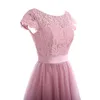 Pink Scoop Neck Lace Long Tulle Prom Klänningar Robe de Soiree Cap Sleeve V Backless Bridesmaid Dress