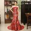 Chinese stijl avond bruidsjurk lange stijl vrouwen charmante sexy qipao blauwe en rode cheongsam oosterse kostuum slepende moderne feestjurk
