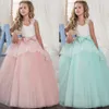 Robe de filles rose fleur 2018 avec ceinture Bow Pep-hem menthe bleu filles robe d'anniversaire pleine longueur fermeture éclair dos tulle dentelle