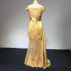 Utanför axeln långa aftonklänningar arabiska gyllene tulle applikation ruched pärlor golvlängd tävling formella party klänningar prom HY4210